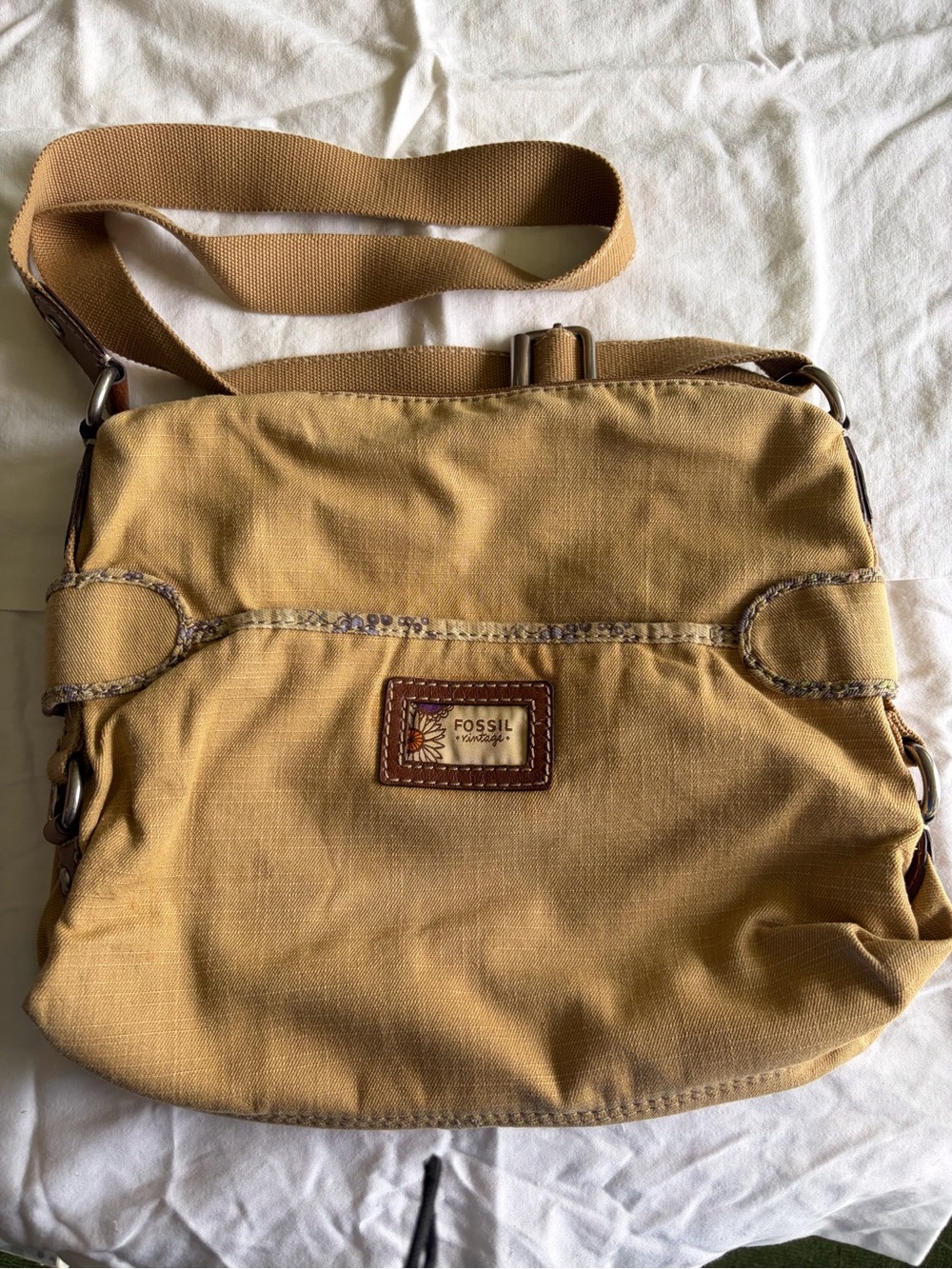 Fossil Canvas Crossbody with Brown Trim